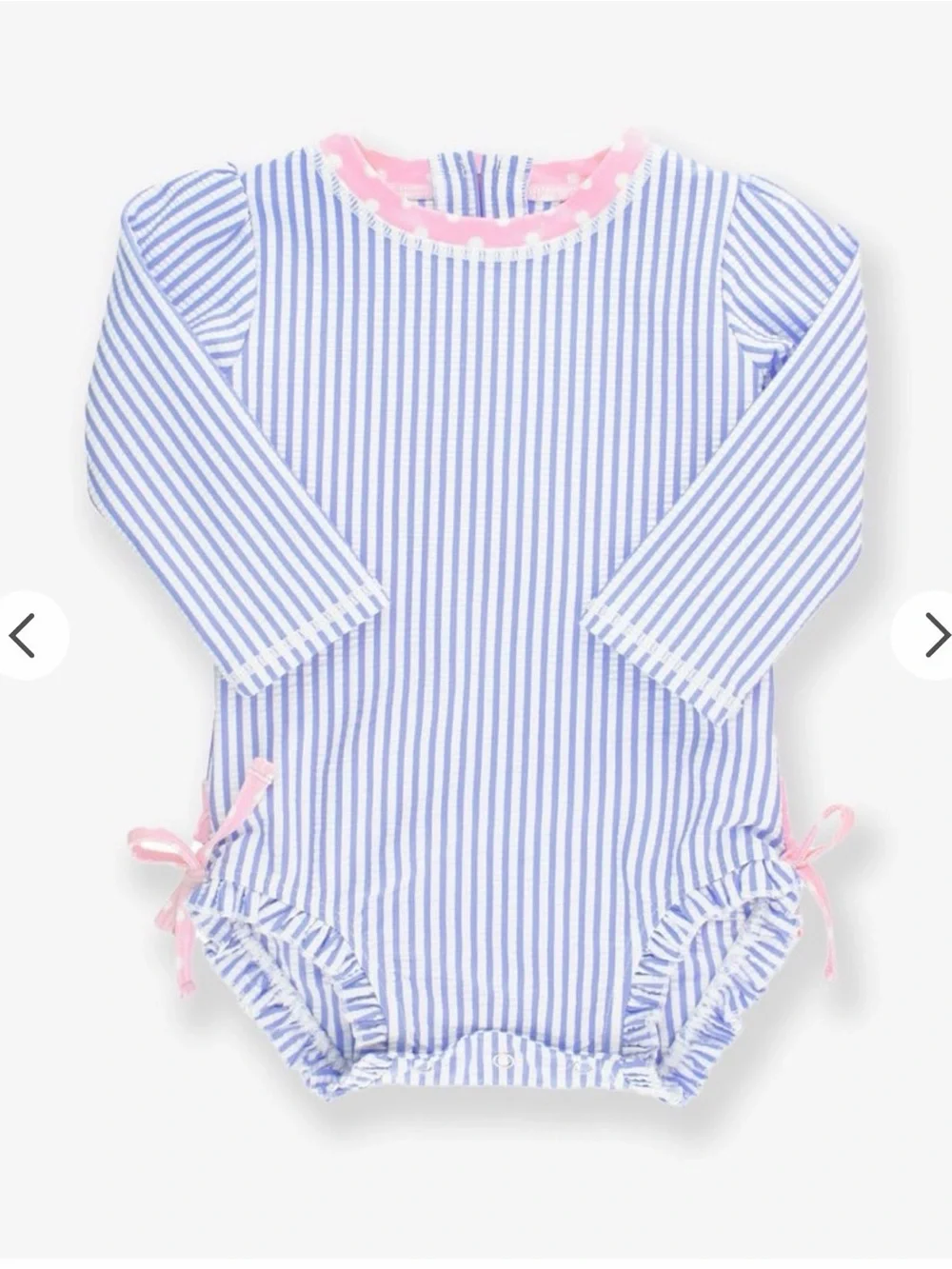 Ruffle Butts Blue and White Striped Long-Sleeve Swim One-Piece with Pink Trim